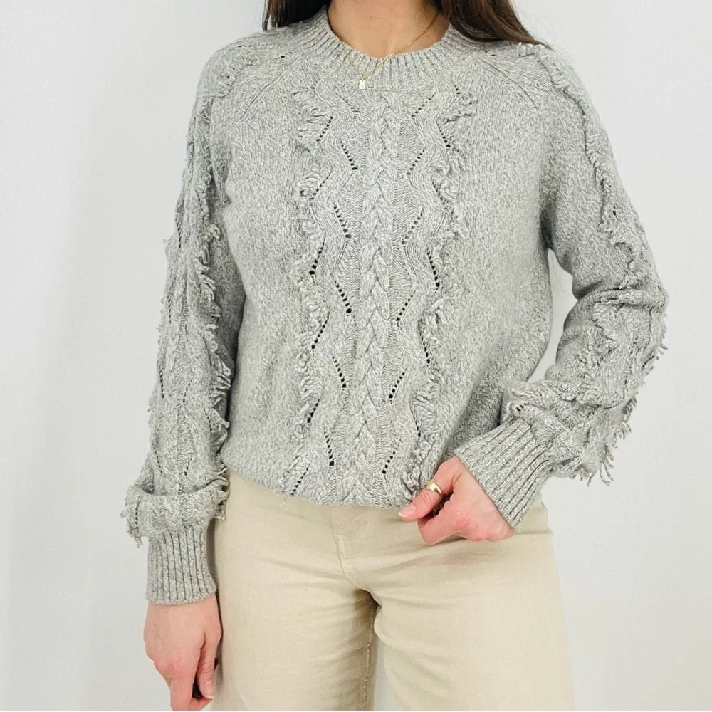 rails boho wool blend fringe detail crewneck sweater gray size s